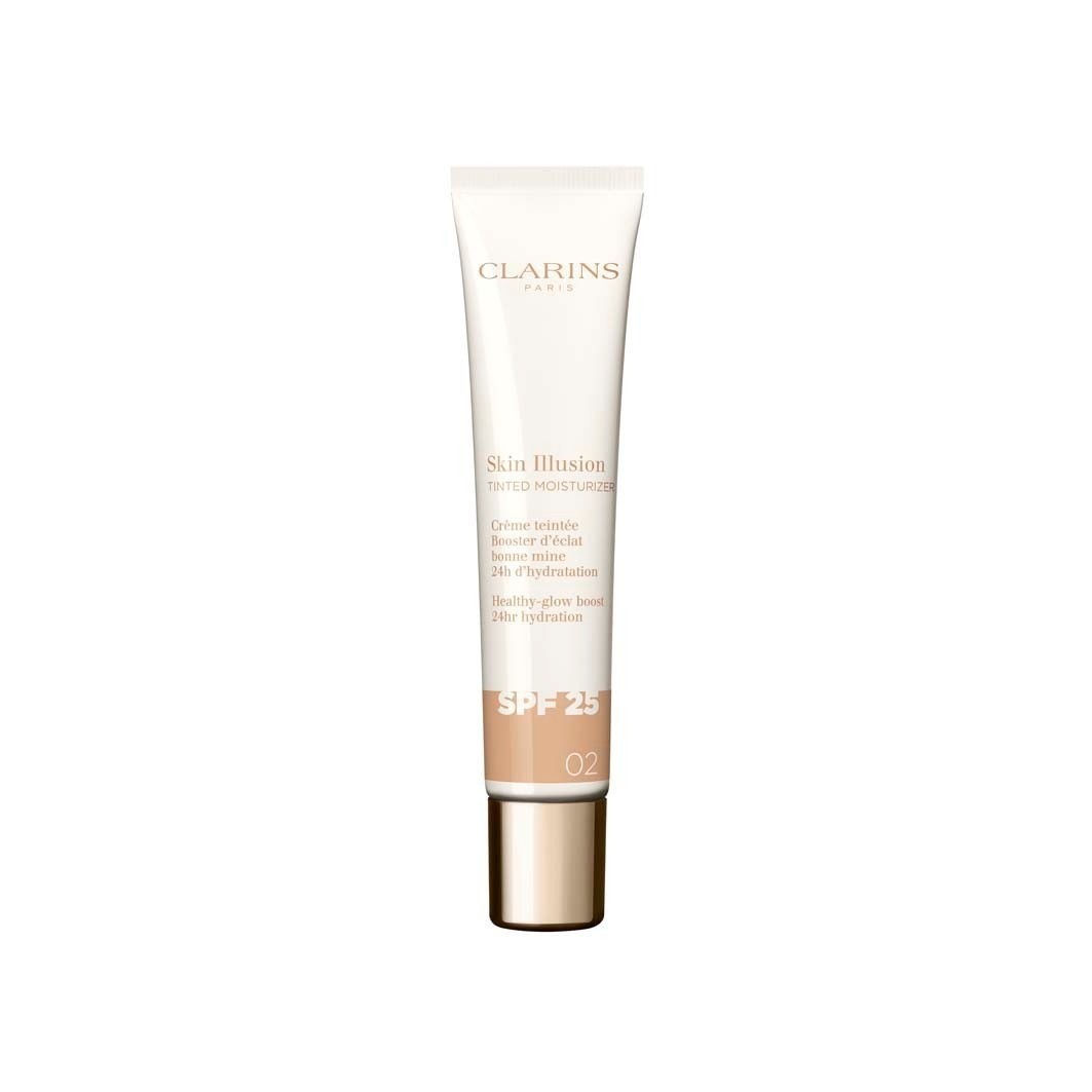 Clarins Skin Illusion Tinted Moisturiser SPF25 in shade 02, packaged in a sleek, beige tube with a white cap, featuring gold text and a 40 ml capacity.