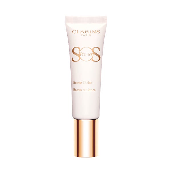 Clarins SOS Primer in #00 Universal Light features a sleek white tube with gold accents, designed for boosting radiance, containing 30ml of product.