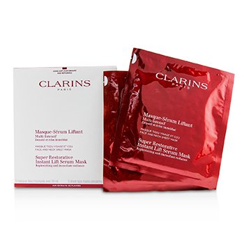 Five red and white sachets of Clarins Super Restorative Instant Lift Serum Mask, featuring elegant branding and product details prominently displayed on the packaging.