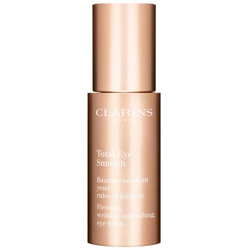 Rose gold cylindrical bottle with a pump top, labeled "Clarins Total Eye Smooth," highlighting firming and wrinkle-smoothing properties for the eye area.