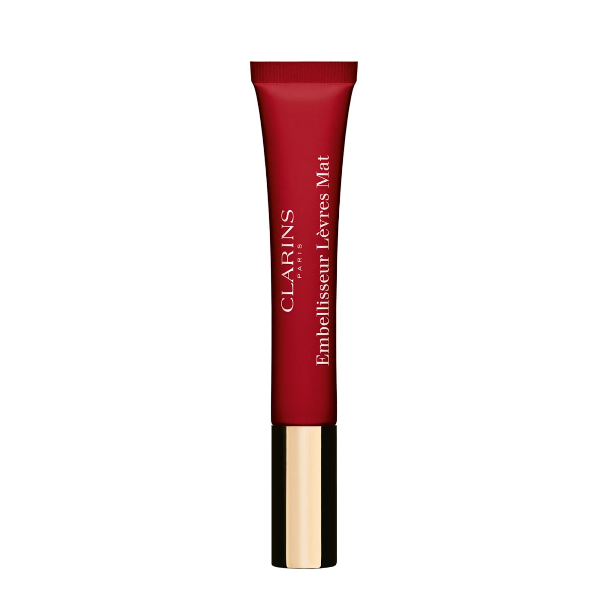 Clarins Velvet 03 Velvet Red Lip Perfector in a sleek red tube with a gold base, featuring a matte finish and 12ml capacity, ideal for a bold lip look.