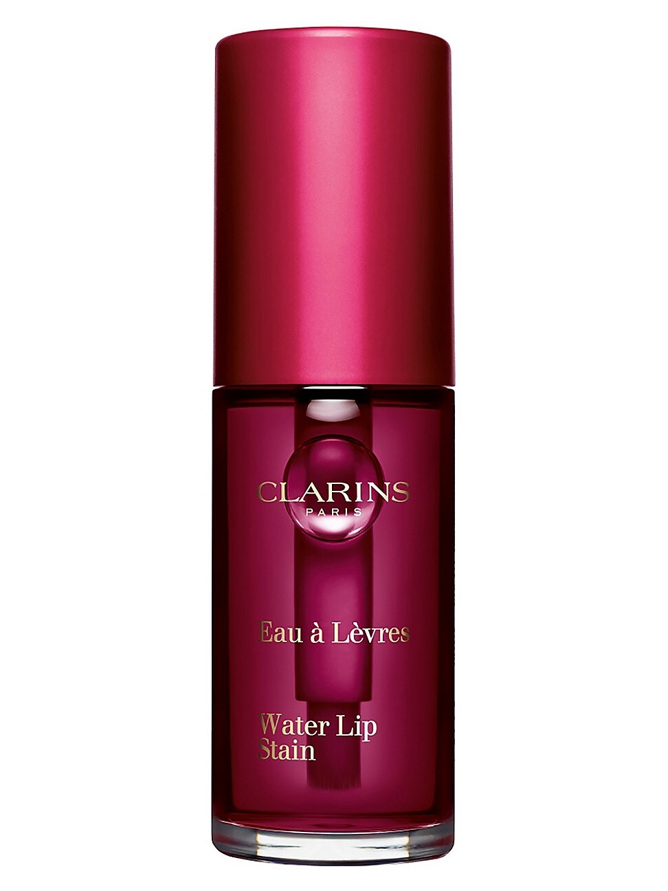 Clarins Water Lip Stain in shade 04 Water Purple features a sleek glass bottle with a deep purple tint and a shiny burgundy cap, labeled with gold text.
