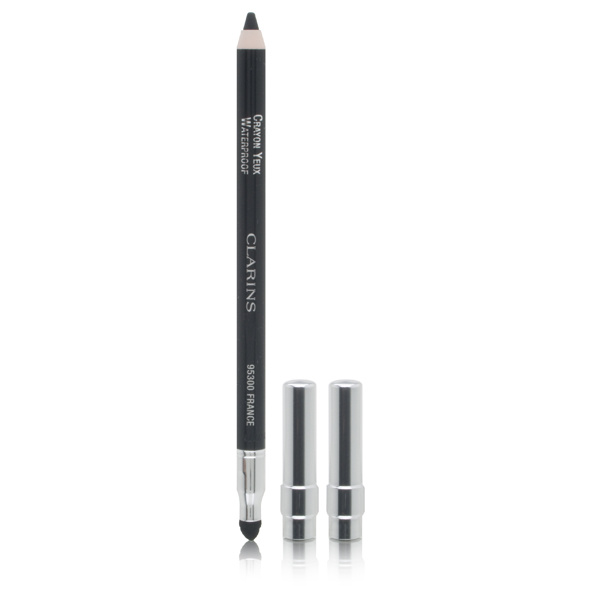 Black waterproof eye pencil by Clarins, featuring a sleek design with a silver cap and a smudger tip, labeled "#01 Black," measuring 1.2g/0.04oz.