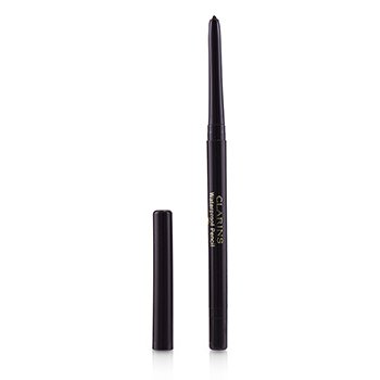 Clarins Waterproof Eye Pencil in 04 Fig, featuring a sleek black casing with gold lettering, includes a removable cap and a smooth, dark plum pencil tip.
