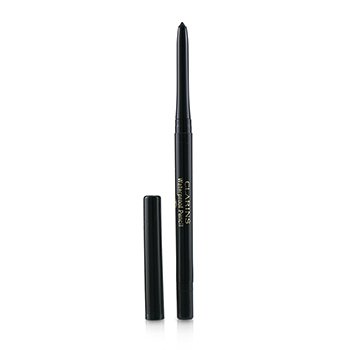 Black waterproof colored pencil eyeliner with intense pigment, featuring a sleek design and a removable cap, labeled "Clarins" and "05 Forest."