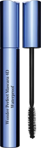 Clarins Wonder Perfect Mascara 4D Waterproof in 01 Perfect Black features a sleek blue tube with a glossy finish and a black bristle brush for volumizing lashes.