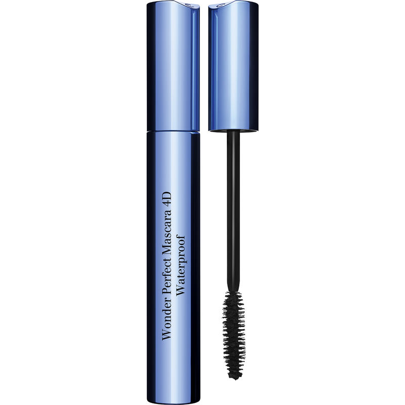 Blue metallic tube of Clarins Wonder Perfect Mascara 4D Waterproof in No. 01 Perfect Black, featuring a black bristle wand for application, with a sleek design and 0.2 oz size.