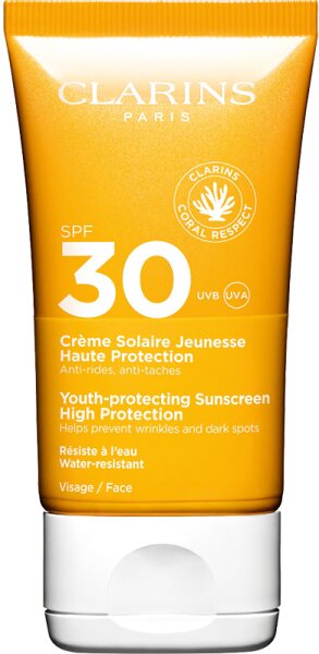 Yellow tube of Clarins Youth Protecting Sunscreen, labeled SPF 30, featuring a white flip-top cap, designed for high protection against UV rays, with anti-aging benefits.