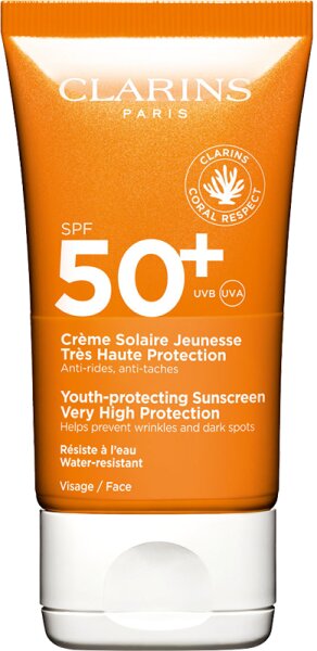 Orange tube of Clarins Youth-Protecting Face Sunscreen SPF 50+, featuring a white cap and text highlighting anti-wrinkle and dark spot prevention, with water-resistant properties.
