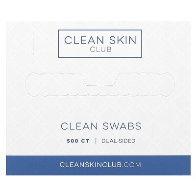 White packaging with a textured pattern, featuring "CLEAN SKIN CLUB" in bold blue letters, labeled "CLEAN SWABS" with "500 CT" and "DUAL-SIDED" in smaller text.