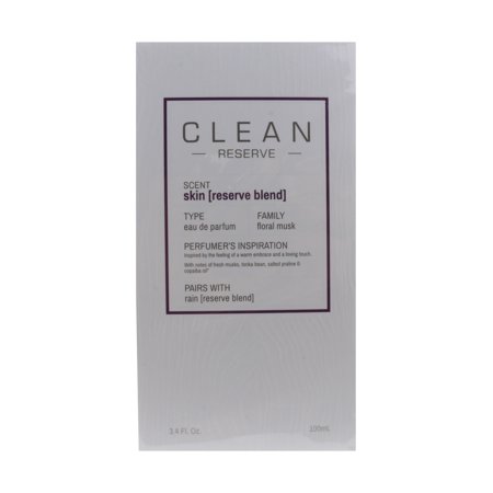 White box featuring "CLEAN RESERVE Skin" in purple text, with details about the fragrance type as eau de parfum, floral musk scent family, and 3.4 oz volume.