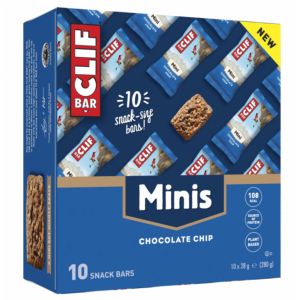 Blue box of Clif Bar Mini Energy Bars featuring a chocolate chip flavor, displaying ten individually wrapped bars, with "NEW" and "MINIS" prominently highlighted.