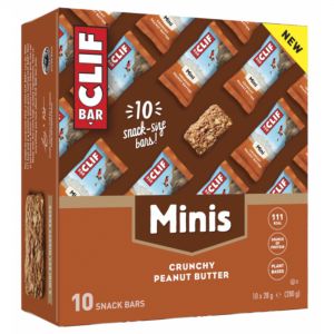 Clif Bar Mini Energy Bars in a brown box featuring a red and white logo, displaying ten individually wrapped crunchy peanut butter bars.