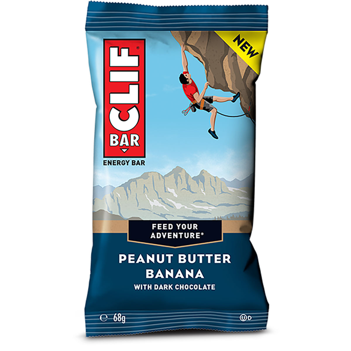 Clif Natural Energy Bar package featuring a climber on a mountain, with a blue background, labeled "Peanut Butter Banana with Dark Chocolate," and includes 12 bars in total.