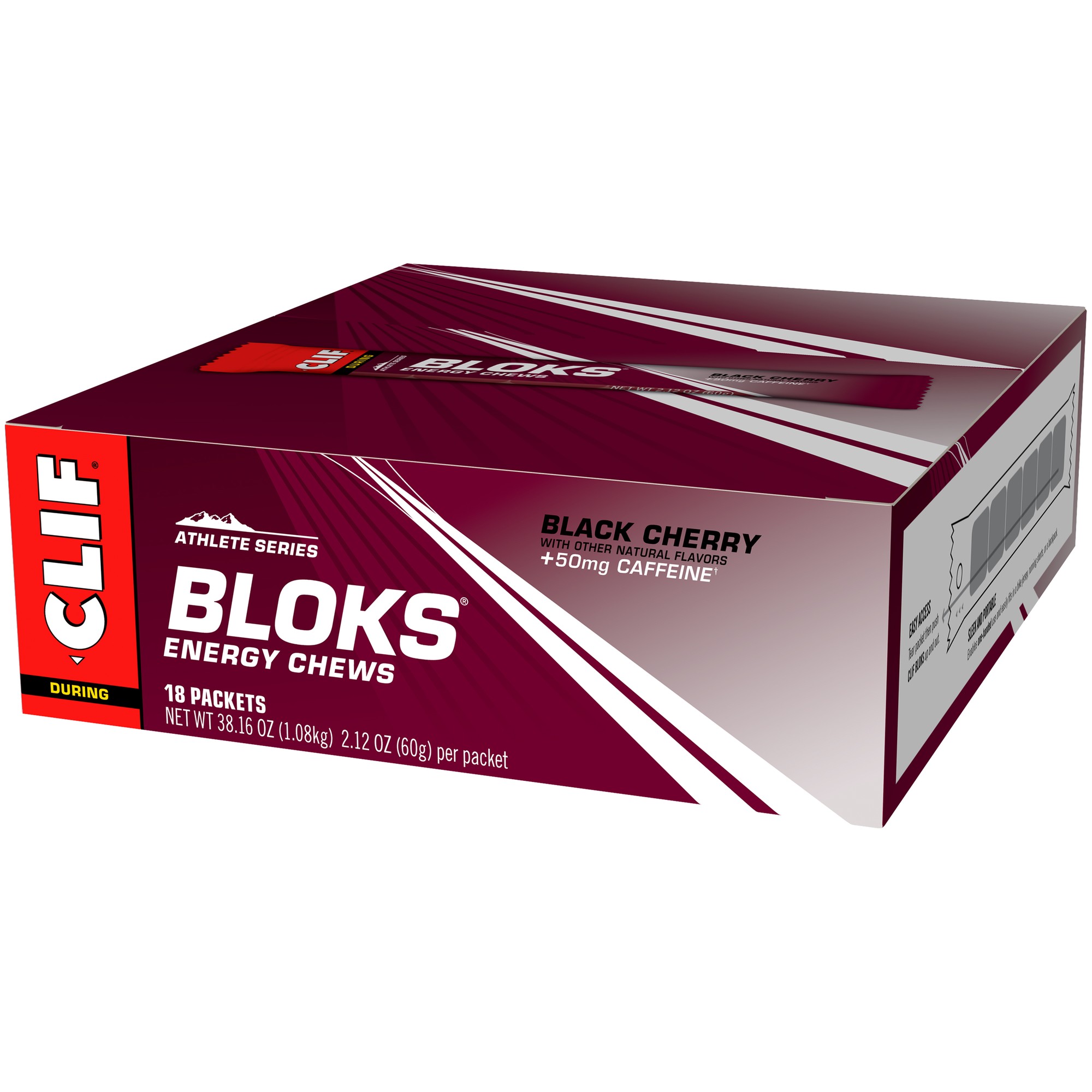 Clif Bloks Energy Chews box in maroon with white and red accents, featuring "Black Cherry" flavor and "50mg Caffeine" label, containing 18 packets of 60g each.