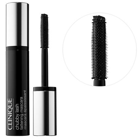 Black tube of Clinique's Chubby Lash Fattening Mascara with a shiny silver cap, featuring a thick, spiky brush applicator for enhanced volume.