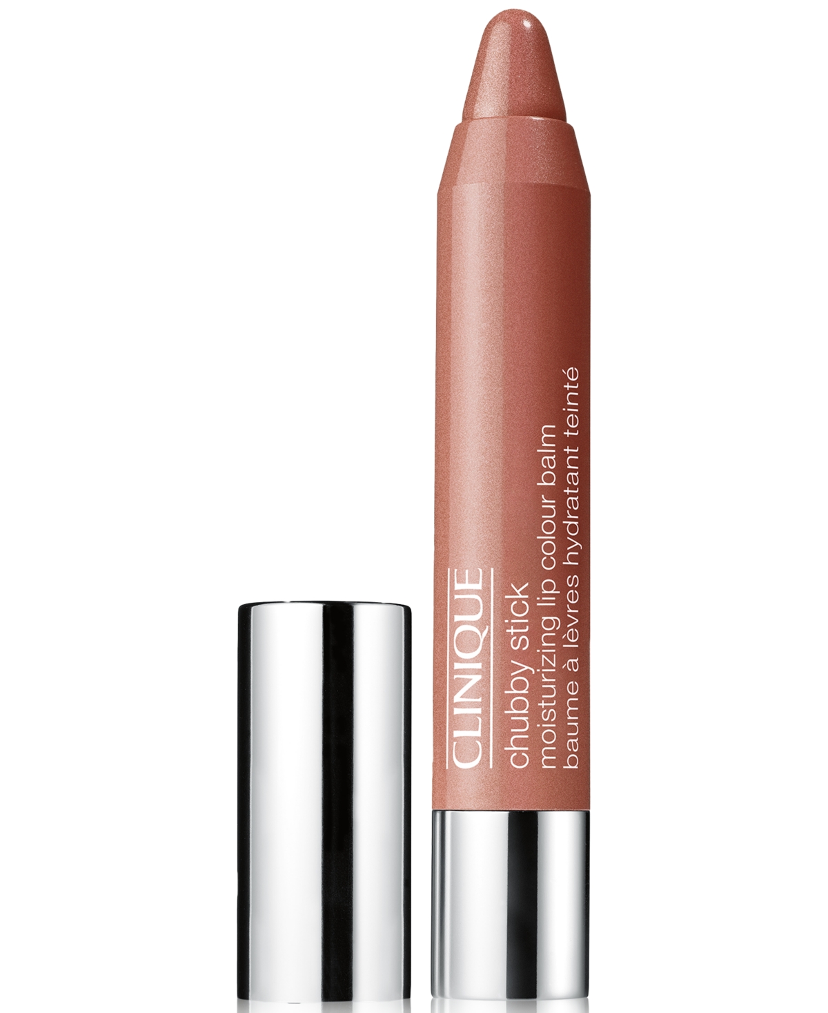 Clinique Chubby Stick Moisturizing Lipstick in Boldest Bronze, a creamy, retractable lip balm with a warm bronze hue and a silver cap, showcasing its sleek design.