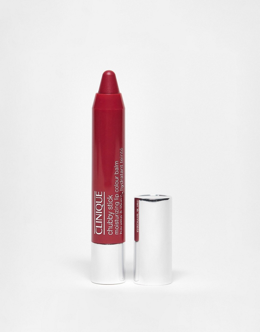 Clinique Chubby Stick Hydrating Lipstick in shade 28 Roomiest Rose, featuring a chunky crayon design with a deep rose color and a glossy finish, accompanied by a silver cap.