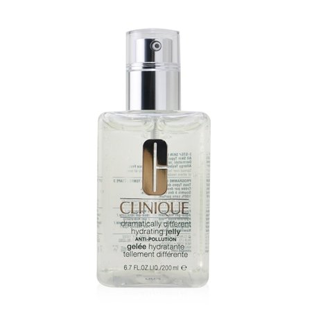 Clear plastic bottle with a silver pump, featuring a gold label that reads "Clinique - Dramatically Different Hydrating Jelly" in black text, 200 ml size.