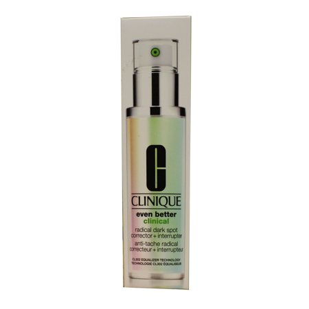 Clinique Even Better Clinical Radical Dark Spot Corrector + Interrupter cream in a sleek, silver and green bottle with a pump dispenser, featuring the Clinique logo prominently.