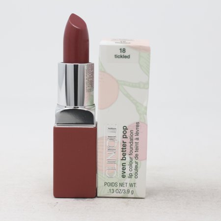 Clinique Even Better Pop lipstick in shade 18, Tickled, features a sleek silver and red tube with a creamy, rich burgundy color, accompanied by a floral-patterned box.