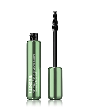 Clinique High Impact High-Fi Full Volume Mascara in Intense Black/Brown features a sleek green tube and a black brush, designed for enhancing lash volume and definition.