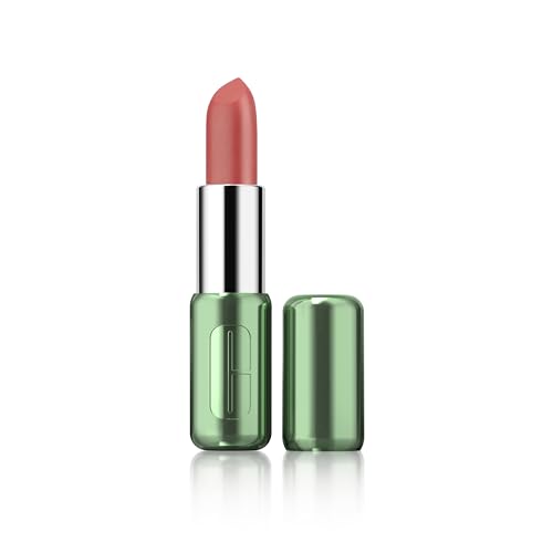 Clinique Pop Longwear Lipstick in Latte Pop features a matte finish, housed in a sleek green tube with a silver cap, showcasing a soft, warm nude-pink shade.