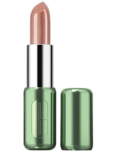 Clinique Pop Shine Longwear Lipstick in a sleek green tube with a silver cap, featuring a creamy, nude-pink bullet that offers a shiny finish.