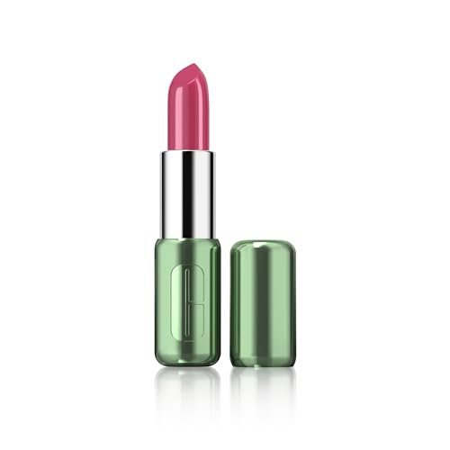 Clinique Pop Longwear Lipstick in Love Pop features a glossy, vibrant pink bullet with a sleek silver and green casing, showcasing its 0.13 oz/3.9g size.