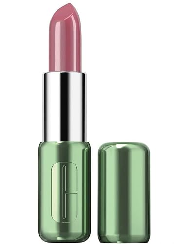 Clinique Pop Longwear Lipstick in Plum Pop features a creamy, pinkish-plum shade in a sleek green and silver tube, showcasing its shine finish and 0.13 oz size.