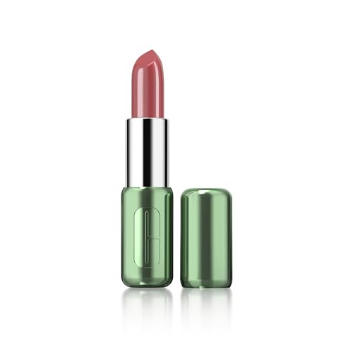 Clinique Pop Longwear Lipstick in Fig Pop, featuring a shiny, soft pink hue, housed in a sleek green tube with a silver cap, 0.13 Oz/3.9g.