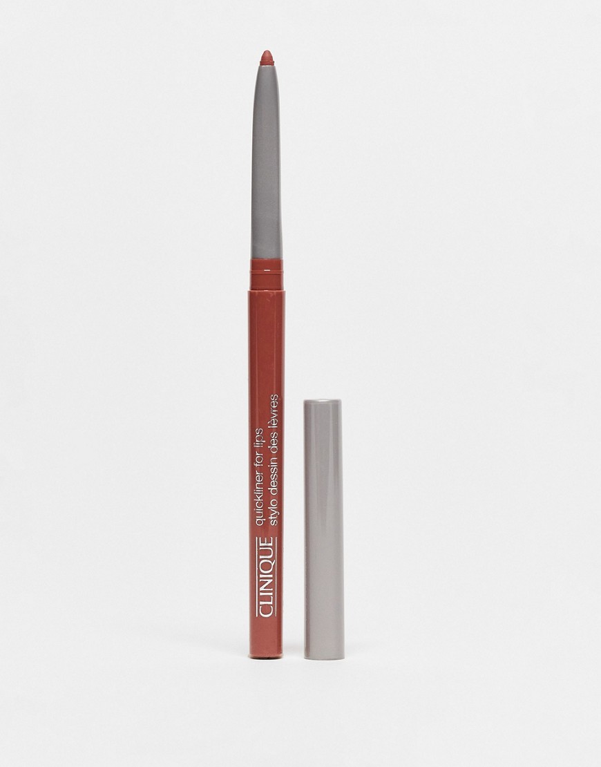 Clinique Quickliner for Lips in Neutrally, a 0.3g lip liner with a retractable design, featuring a sleek silver cap and a soft, warm reddish-brown shade.