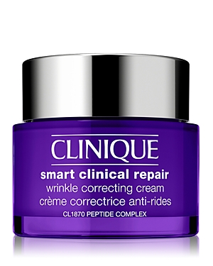 Purple jar with a silver lid labeled "Clinique Smart Clinical Repair Wrinkle Correcting Cream," featuring 75ml of cream and the CL1870 Peptide Complex.