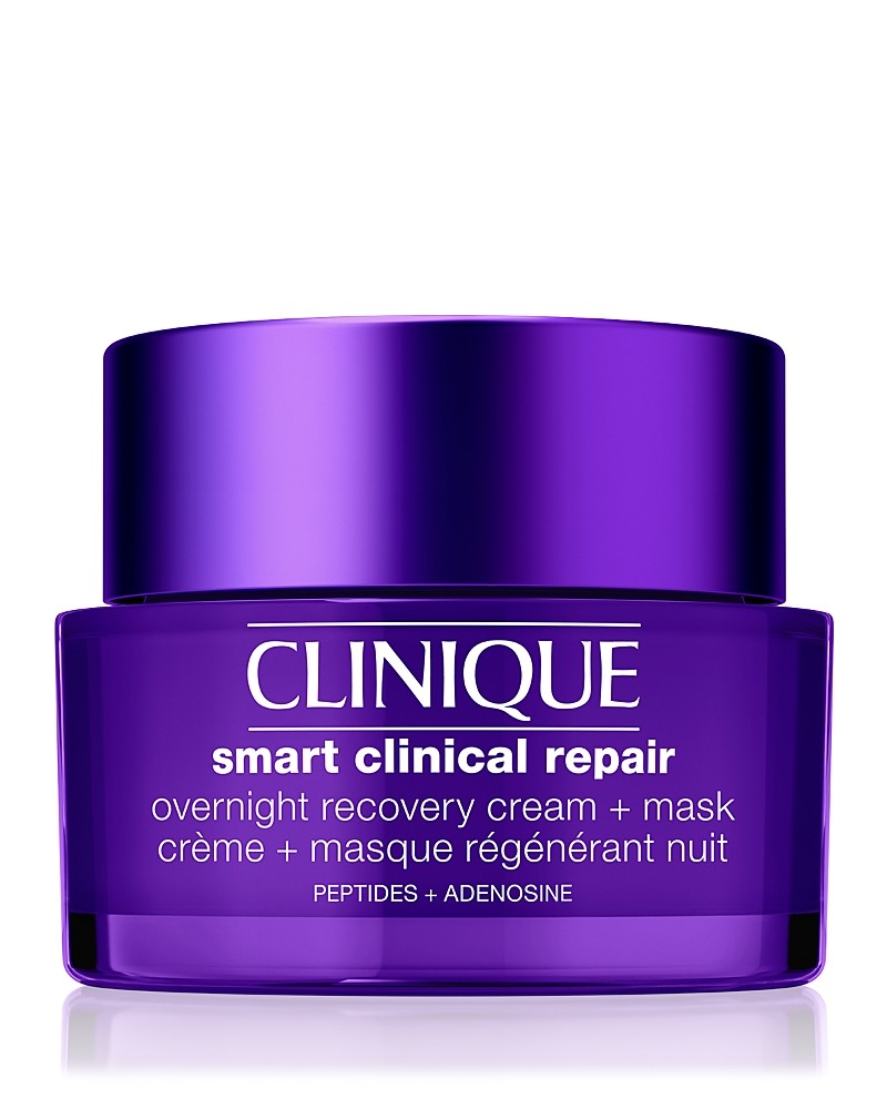 Purple jar with a glossy finish, labeled "Clinique Smart Clinical Repair Overnight Recovery Cream + Mask," featuring white text and a silver lid, containing 1.7 oz/50 ml.