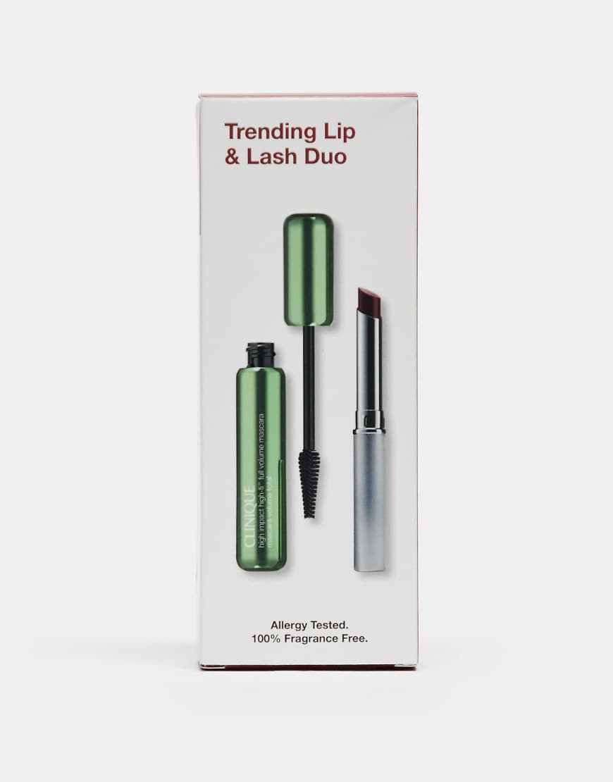 Clinique Trending Lip and Lash Duo Makeup Set features a green mascara tube and a silver lipstick tube, both in a sleek, modern design, with allergy-tested and fragrance-free labels.