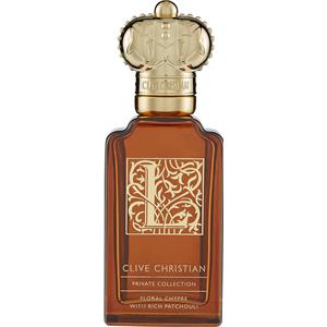 Amber glass bottle with ornate gold detailing and a crown-shaped cap, labeled "Clive Christian L Floral Chypre" in elegant font, showcasing luxury fragrance for women.