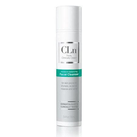 White cylindrical bottle with a silver pump top, labeled "CLn Facial Cleanser" in sleek black and turquoise text, designed for moisture balancing and suitable for sensitive skin.