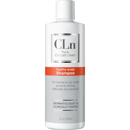 White plastic bottle with a flip-top cap, featuring a sleek design, labeled "CLn Healthy Scalp Shampoo" in bold letters, with an orange stripe and details about its dermatological testing.