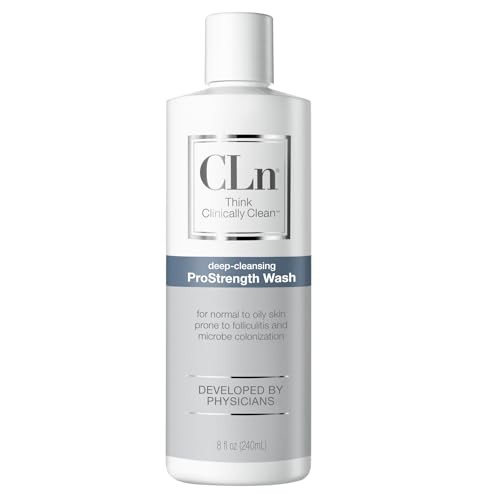 White bottle of CLn ProStrength Wash, 8 Fl Oz, featuring a silver label with blue accents, designed for oily and acne-prone skin, and marked as fragrance-free.