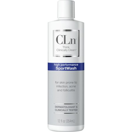 White plastic bottle of CLn® SportWash, 12 fl oz, featuring a blue label with text highlighting its use for body and foot odor, folliculitis, and being fragrance-free.