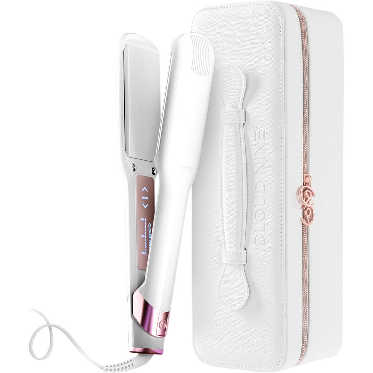 White CLOUD NINE Wide Iron Pro Hair Straightener with wide ceramic floating plates, quick heat, variable temperature control, and a stylish pink-accented carrying case.