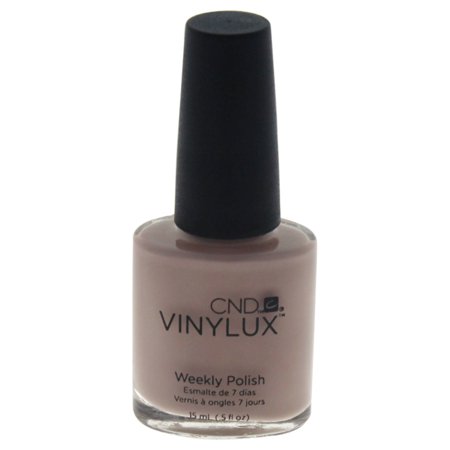 CND Vinylux Nail Polish in Field Fox #185, featuring a sleek glass bottle with a black cap, contains 0.5 oz of soft beige polish ideal for a natural look.