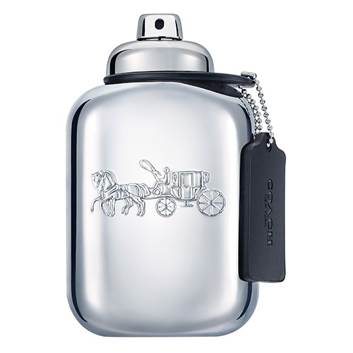 Silver metallic bottle with a sleek design, featuring a raised horse-and-carriage logo and a black tag, containing Coach Platinum Eau De Parfum for men, 3.3 oz.