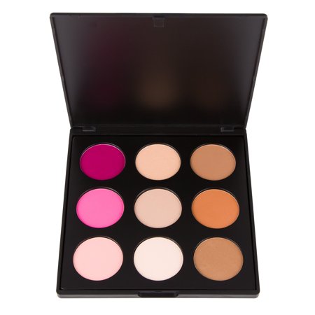 Sleek black palette containing nine circular pans in shades of pink, peach, and bronzer, featuring a mix of matte and shimmer finishes for blush, highlighter, and bronzer.