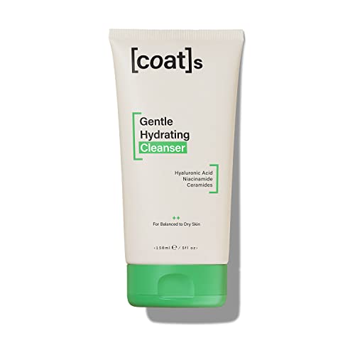 Gentle Hydrating Cleanser by Coats Skin in a 150ml tube, featuring a beige body with green accents, highlighting key ingredients like hyaluronic acid and niacinamide.
