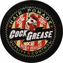 Black circular tin with a colorful label featuring a rooster and bold text "Cock Grease Extra Stiff Pomade," highlighting "Hair Pomade" and "Quality Control" in red and yellow.