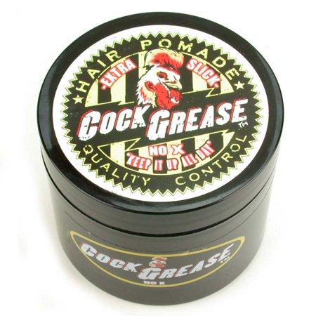 Black round container of Cock Grease Extra Slick Pomade, featuring a colorful label with a rooster graphic, bold text, and a retro design, measuring 100g.