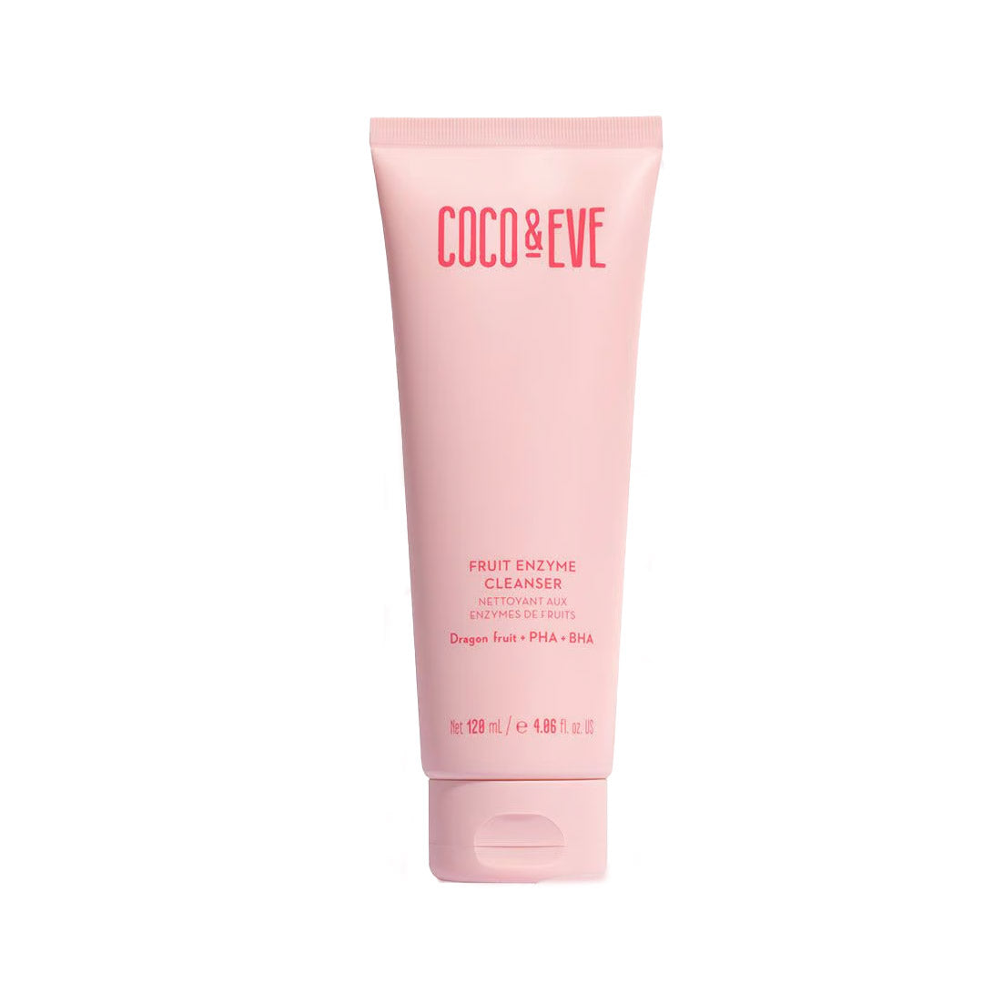 Light pink tube of Coco & Eve Fruit Enzyme Cleanser, featuring a sleek design with white text and a flip-top cap, containing 123 ml of product.