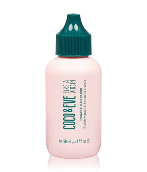 Pink bottle with a teal cap, labeled "Coco & Eve Like a Virgin Miracle Elixir," designed for shiny, soft hair, containing 50 ml of no-rinse hair treatment.