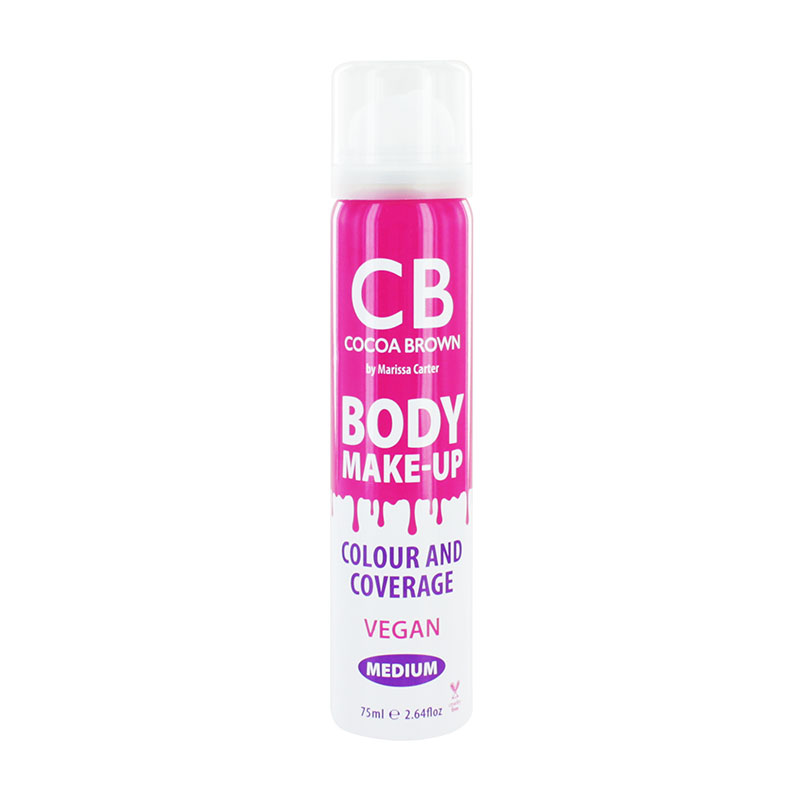 Cocoa Brown Body Makeup in a 75ml spray bottle, featuring a vibrant pink and white design, labeled "Colour and Coverage Medium," and marked as vegan.